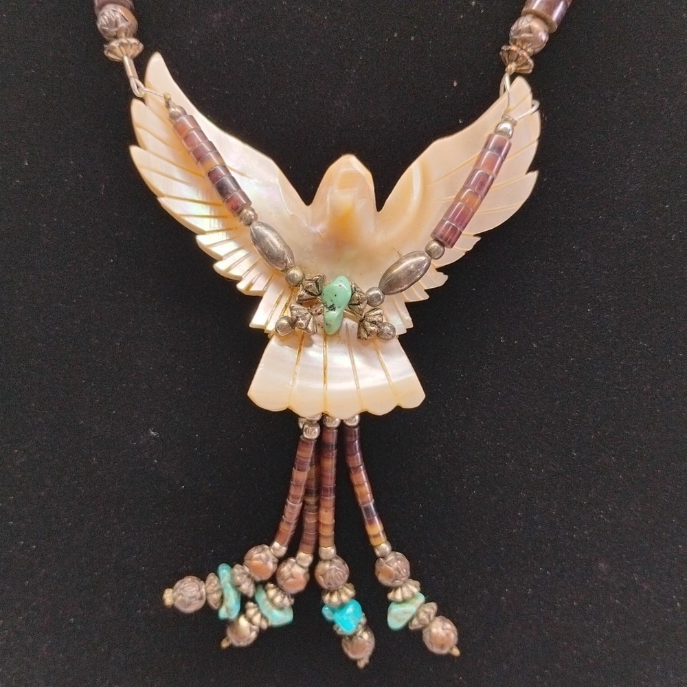 Native American Southwest Hand Carved Mother Of Pearl Eagle Turquoise Necklace - Picture 2 of 10